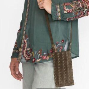 NWT Johnny Was Biya JWLA Whipstitch Italian Suede Cellphone Holder Crossbody